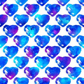 seamless pattern with brush hearts. Bluecolor on white background. Hand painted grange texture. Ink grange elements. Decorative ornament of love sign. Repeat fabric print