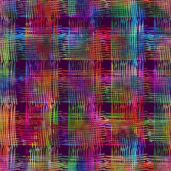 seamless pattern with brush stripes and strokes. Rainbow watercolor color on violet background. Hand painted grange texture. Ink geometric elements. Fashion modern style. Endless fabric print. Unusual