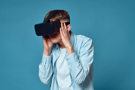 guy wearing virtual glasses technology entertainment popcorn. High quality photo