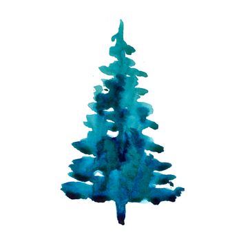 Watercolor winter christmas tree isolated on white background. Hand painting Illustration element for print, texture, wallpaper or greeting card. Blue and green color. Beautiful watercolour art