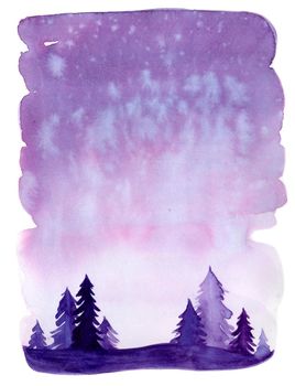 Watercolor christmas winter landscape with snow and trees. Treescape with pine and fir. Illustration landscape for print, texture, wallpaper, greeting card. Blue color. Beautiful nature watercolour.