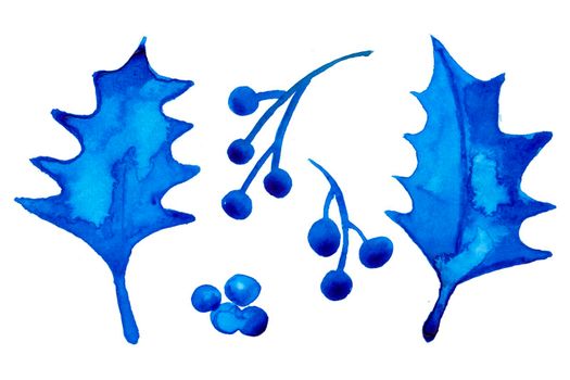 Watercolor winter christmas leaves of tree and berry isolated on white background. Hand painting Illustration brances spruce for print, texture, wallpaper or greeting card. Blue color. watercolour art.