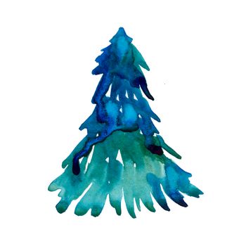 Watercolor winter christmas tree isolated on white background. Hand painting Illustration element for print, texture, wallpaper or greeting card. Blue and green color. Beautiful watercolour art