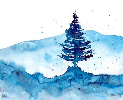 Watercolor forest and blue Christmas background. Hand painting Illustration for print, texture, wallpaper or element. Beautiful watercolour wood isolated on white background