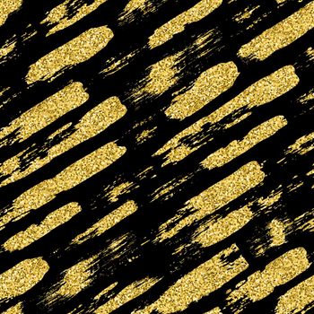 Modern seamless pattern with glitter brush stripes and strokes. Golden color on black background. Hand painted grange texture. Shiny spark elements. Fashion modern style. Repeat fabric print, textile.