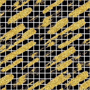 Modern seamless pattern with glitter brush stripes and strokes. Golden, white color on black background. Hand painted grange texture. Shiny spark elements. Fashion modern style. Repeat fabric print