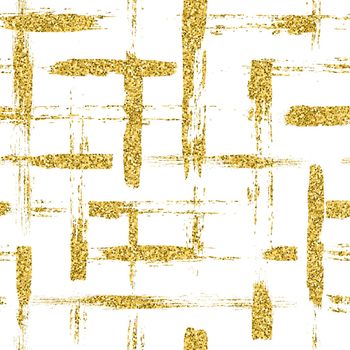 Modern seamless pattern with glitter brush stripes and strokes plaid. Golden color on white background. Hand painted grange texture. Shiny spark elements. Fashion modern style. Repeat cross fabric print