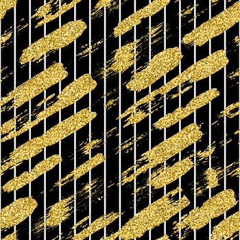 Modern seamless pattern with glitter brush stripes and strokes. Golden, white color on black background. Hand painted grange texture. Shiny spark elements. Fashion modern style. Repeat fabric print