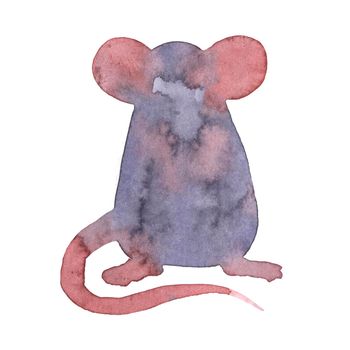 Mouse watercolour illustration. Funny icon of animal. Grey rat with pink ears isolated on white background. 2020 new year painting symbol. Drawing art object for design.