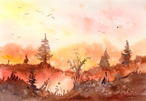 Watercolor orange and brown autumn or summer forest on light yellow background. Hand painting Illustration for print, texture, wallpaper or element. Beautiful watercolour wood.