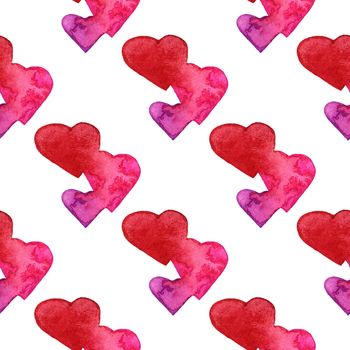 Watercolor hand painted pattern with hearts. Aquarelle romantic hand made background for fabric print, paper card, textile, fashion on white background. Valentine's day, Wedding, Birthday, Love.