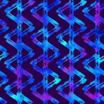 seamless pattern brush stripes plaid. Blue color on violet background. Hand painted grange texture. Ink geometric elements. Fashion modern style. Endless fantasy plaid fabric print Watercolor.