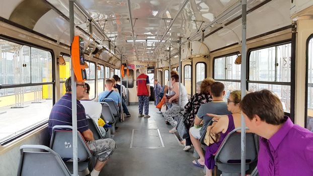 Ukraine, Kiev - September 8, 2019: Passengers on the tram.