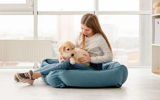 Cute girl feeding golden retriever puppy sitting in light room