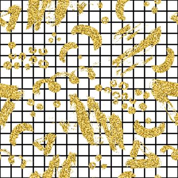 Modern seamless pattern with gold glitter brush stripe, blot and plaid. Golden, black color on white background. Hand painted metallic texture. Shiny spark elements. Fashion modern style. Repeat print.