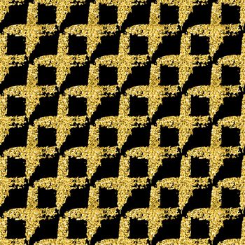 Modern seamless pattern with brush shiny cross plaid. Gold metallic color on black background. Golden glitter texture. Ink geometric elements. Fashion catwalk style. Repeat fabric cloth print tartan