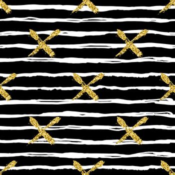 Modern seamless pattern with brush stripes and cross. White, gold metallic color on black background. Golden glitter texture. Ink geometric elements. Fashion catwalk style. Repeat fabric cloth print