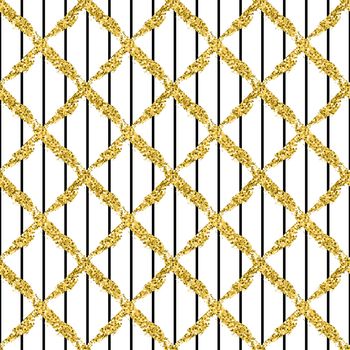 Modern seamless pattern with brush stripes plaid and cross. Black , gold metallic color on white background. Golden glitter texture. Ink geometric elements. Fashion catwalk style. Repeat fabric cloth.