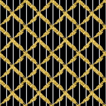 Modern seamless pattern with brush stripes plaid and cross. White, gold metallic color on black background. Golden glitter texture. Ink geometric elements. Fashion catwalk style. Repeat fabric cloth.