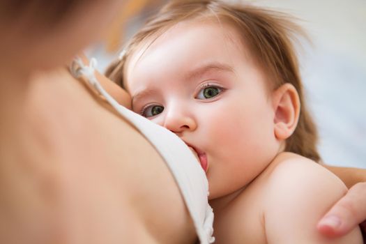 Young woman breastfeeding her baby on a blurred background, closeup. Mom nursing and feeding baby. Close-up portrait of infant