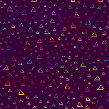 seamless pattern brush triangles . Rainbow color on violet background. Hand painted grange texture. Ink geometric elements. Surface kid style. Repeat fantasy plaid fabric print. Watercolor.