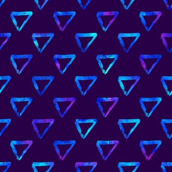 seamless pattern brush triangles . Blue color on violet background. Hand painted grange texture. Ink geometric elements. Fashion modern style. Endless fantasy plaid fabric print Watercolor.