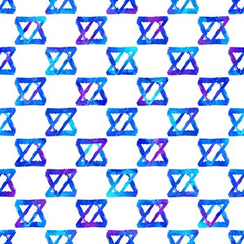 seamless pattern brush colorful triangle. Blue color on white background. Hand painted grange texture. Ink geometric elements. Fashion modern style. Endless fantasy plaid fabric print Watercolor.