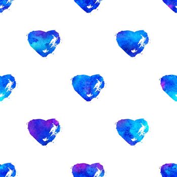 seamless pattern with brush hearts. Bluecolor on white background. Hand painted grange texture. Ink grange elements. Decorative ornament of love sign. Repeat fabric print