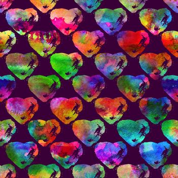 seamless pattern with brush hearts. Rainbow color on violet background. Hand painted grange texture. Ink grange elements. Decorative ornament of love sign. Repeat fabric print