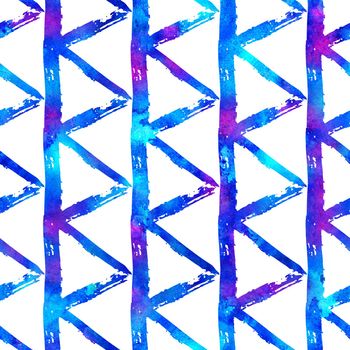 seamless pattern brush triangles . Blue color on white background. Hand painted grange texture. Ink geometric elements. Surface kid style. Repeat fantasy plaid fabric print. Watercolor.