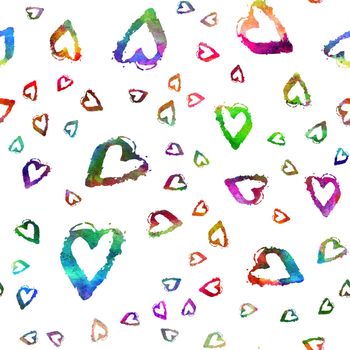 seamless pattern with brush hearts. Rainbow color on white background. Hand painted grange texture. Ink grange elements. Decorative ornament of love sign. Repeat fabric print