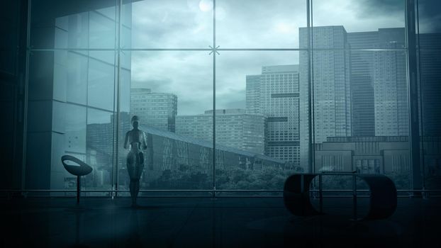 Silhouette of a robot standing against the background of an office window with a view of city buildings. 3D render.