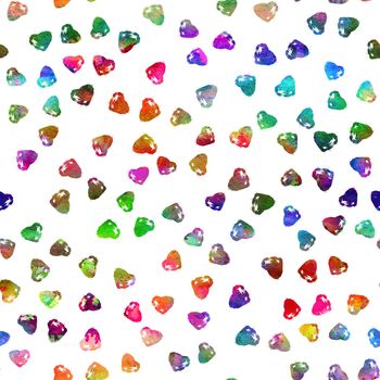 seamless pattern with brush hearts. Rainbow color on white background. Hand painted grange texture. Ink grange elements. Decorative ornament of love sign. Repeat fabric print