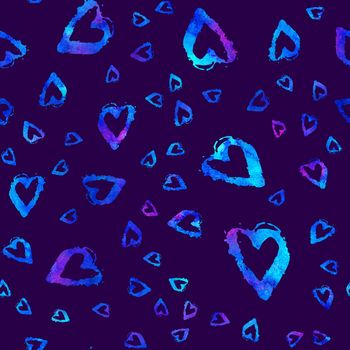 seamless pattern with brush hearts. Bluecolor on dark background. Hand painted grange texture. Ink grange elements. Decorative ornament of love sign. Repeat fabric print