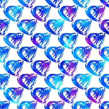 seamless pattern with brush hearts. Bluecolor on white background. Hand painted grange texture. Ink grange elements. Decorative ornament of love sign. Repeat fabric print