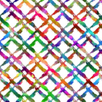 seamless pattern with brush stripe plaid. Rainbow watercolor color on white background. Drawing native grange texture. Ink geometric elements. Repeat fabric print. Overlay backdrop for cloth, art