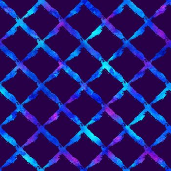 seamless pattern brush stripes plaid. Blue color on violet background. Hand painted grange texture. Ink geometric elements. Fashion modern style. Endless fantasy plaid fabric print Watercolor.