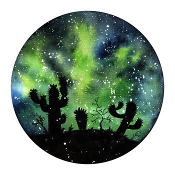 Watercolour painting Northern lights space landscape. Green, black and blue colors. Modern new round illustration with galaxy cactus. Art watercolor drawing background, artistic texture. Cacti paint