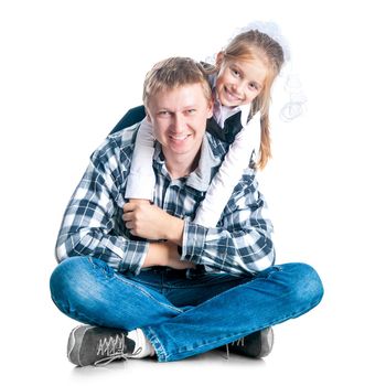 Dad and his daughter on white background