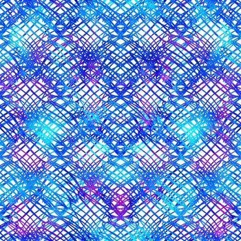 seamless pattern brush stripes plaid. Blue color on white background. Hand painted grange texture. Ink geometric elements. Fashion modern style. Endless fantasy plaid fabric print Watercolor.
