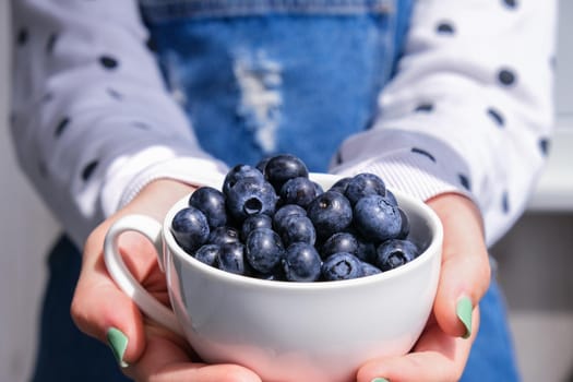 Woman holding bowl with fresh blueberries. Harvesting concept. Female hands collecting berries. The concept of vegetable garden cottage harvest gardening. Healthy eating nutrition