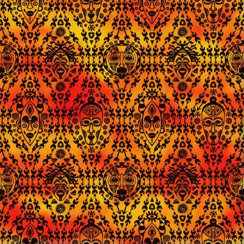 Hand drawn seamless pattern with Tribal mask ethnic. Sketch for your design, wallaper, textile, print. African culture. Fabric afro ornament. Coloful batik art. Black on watercolor orange background