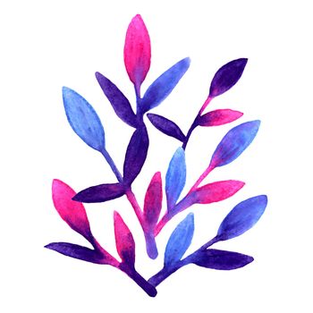 Simple and cute floral pattern. Pink, blue and violet spring leaves hand painted with watercolor Nature drawing leaf on isolated white background. Art bright backdrop . Beautiful colors brush.