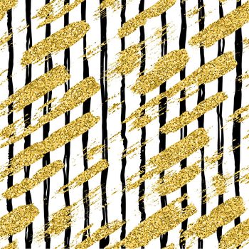 Modern seamless pattern with glitter brush stripes and strokes. Golden, black color on white background. Hand painted grange texture. Shiny spark elements. Fashion modern style. Repeat fabric print