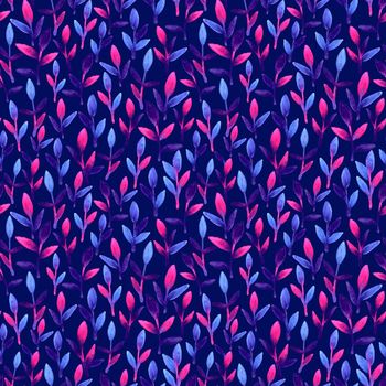 Simple and cute floral seamless pattern. Pink, blue and violet spring leaves hand painted with watercolor. Nature drawing leaf on blue background Art bright backdrop wallpaper. Beautiful colors brush