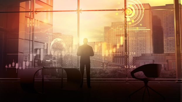 Futuristic plot depicting a businessman working with an array of stock data on a holographic panel standing in front of the office window. 3D render.