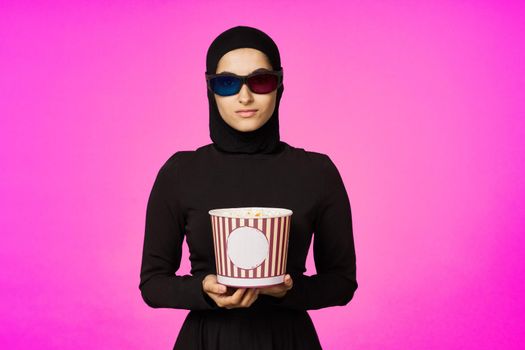 cheerful woman entertainment cinema popcorn fashion model ethnicity. High quality photo