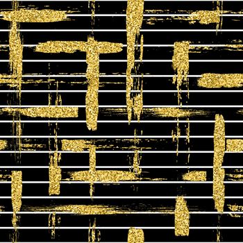 Modern seamless pattern with glitter brush stripes and strokes plaid. Golden color on black background. Hand painted grange texture. Shiny spark elements. Fashion modern style. Repeat cross print