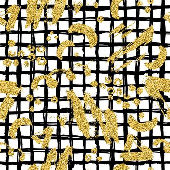 Modern seamless pattern with gold glitter brush stripe, blot and plaid. Golden, black color on white background. Hand painted metallic texture. Shiny spark elements. Fashion modern style. Repeat print.