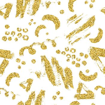Modern seamless pattern with gold glitter brush stripe, blot and spot. Golden color on white background. Hand painted metallic texture. Shiny spark elements. Fashion modern style. Repeat fabric print